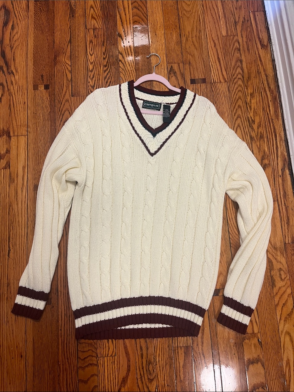 Cream Cable Knit V-Neck Sweater with Maroon Trim